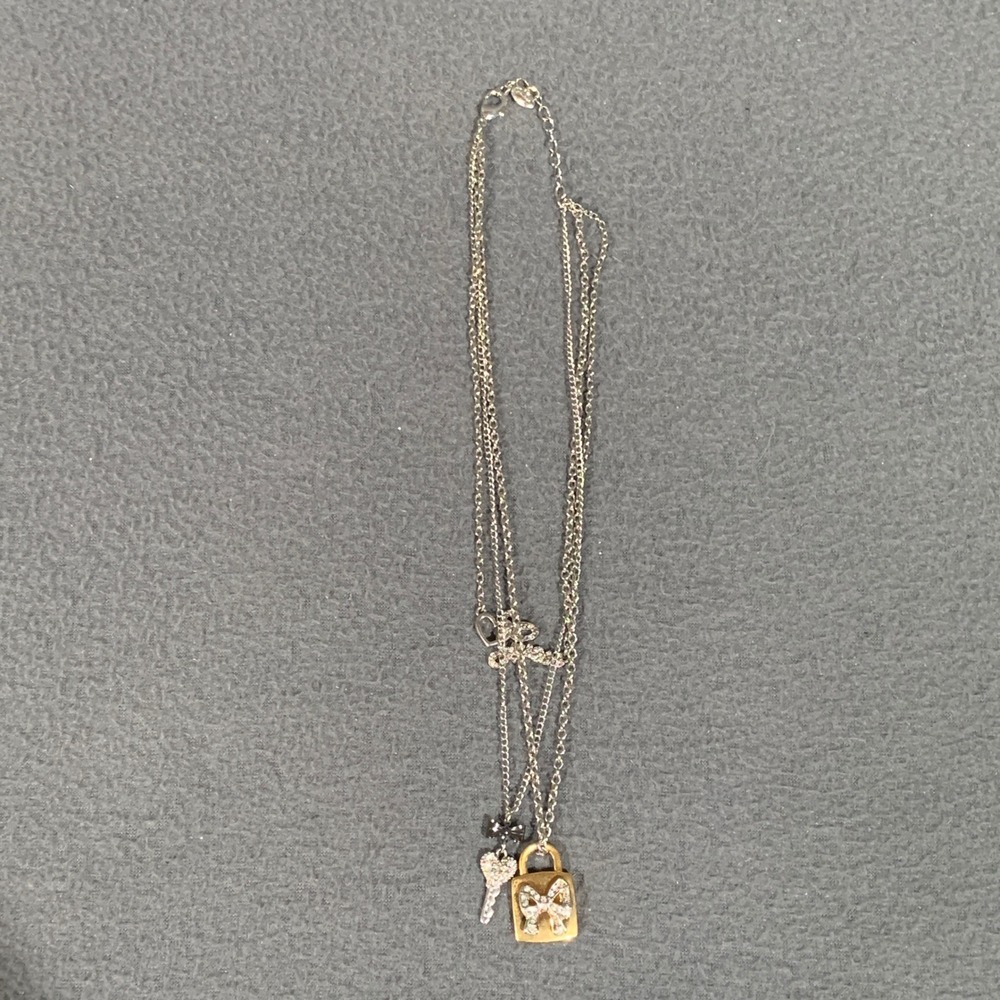 Guess Charm Necklace Women 17" Silver Tone Gold Lock Key Bow Rhinestone Y2K Glam